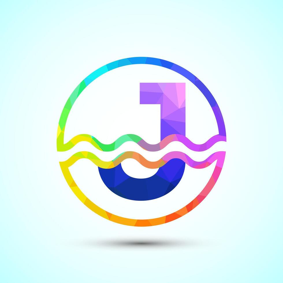English alphabet J in a circle with water waves. Water wave logo design low poly style vector