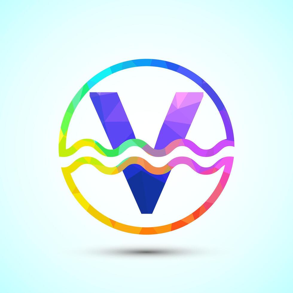 English alphabet V in a circle with water waves. Water wave logo design low poly style vector