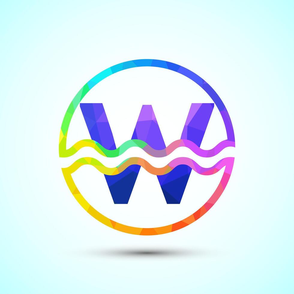 English alphabet W in a circle with water waves. Water wave logo design low poly style vector