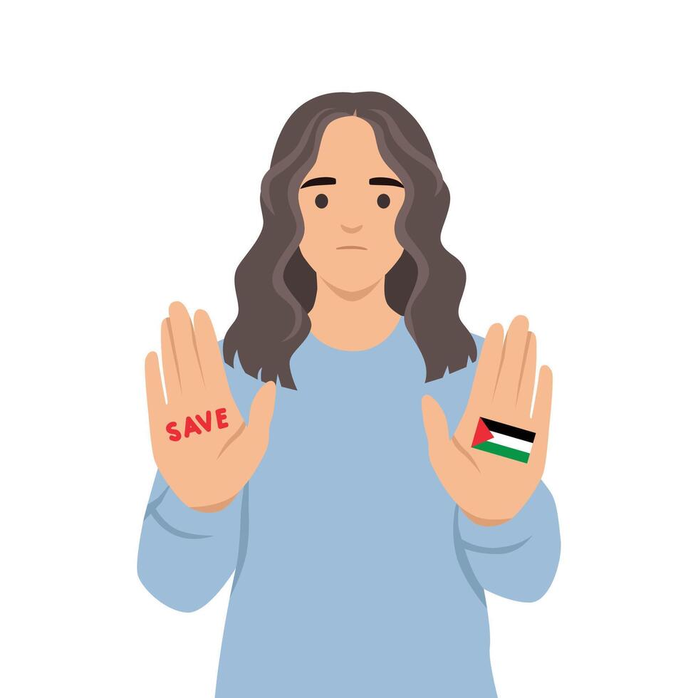 Woman with Save Palestine on her hands. vector