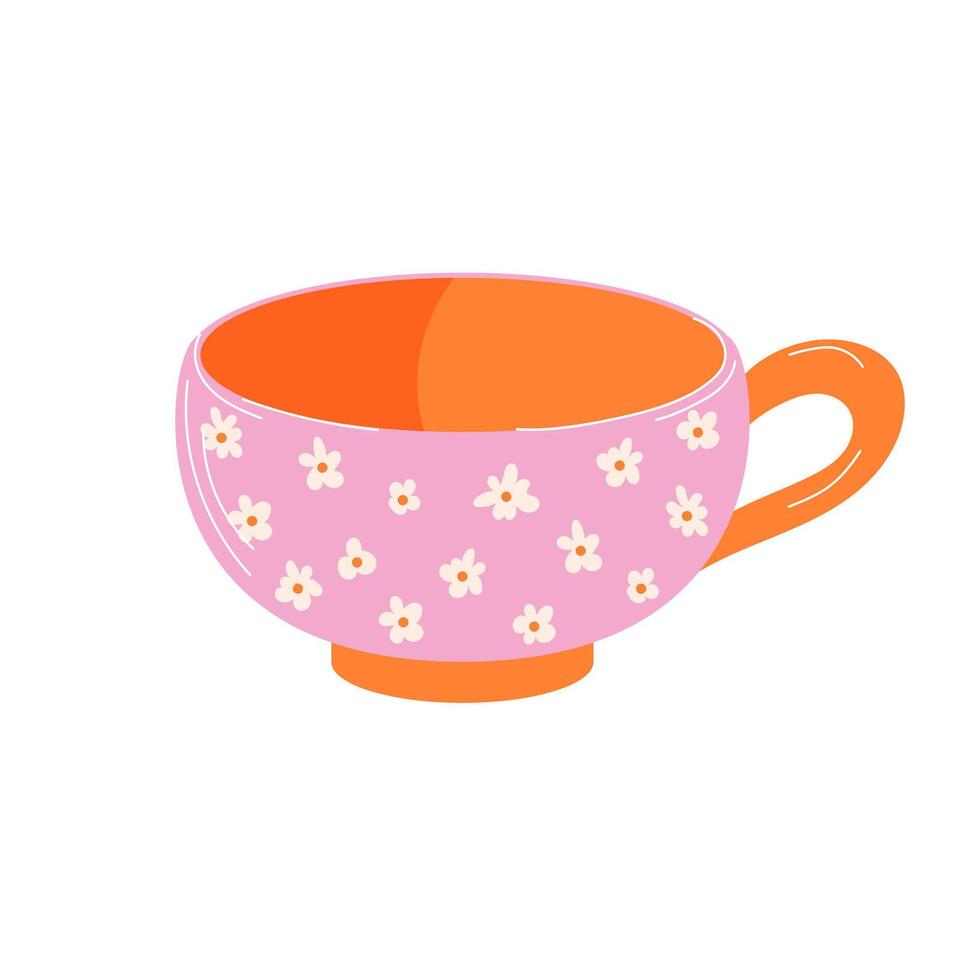 Charming and beautiful floral pink and orange tea cup with daisies in flat style. Spring design isolated on a white background. vector