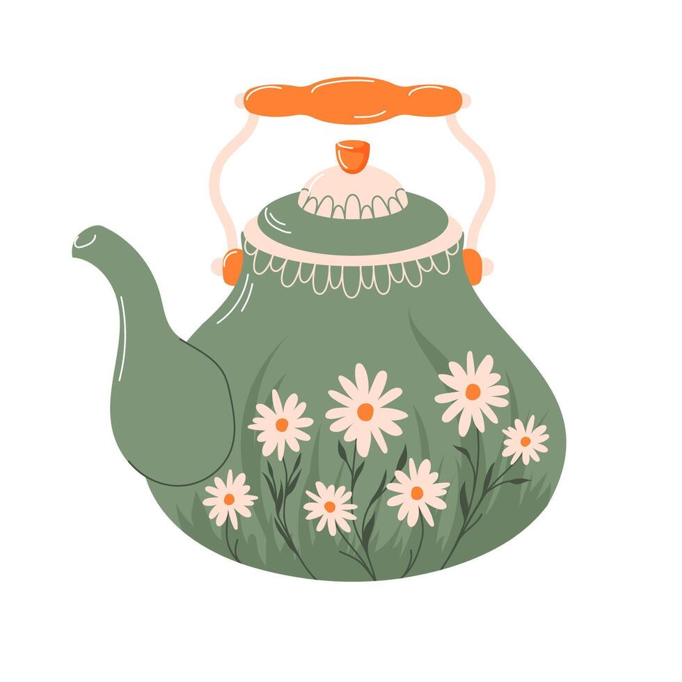 Charming green teapot with floral design in flat style. Perfect for kitchen decor and tea related design, print, card and cafe. Chamomile, daisy. vector