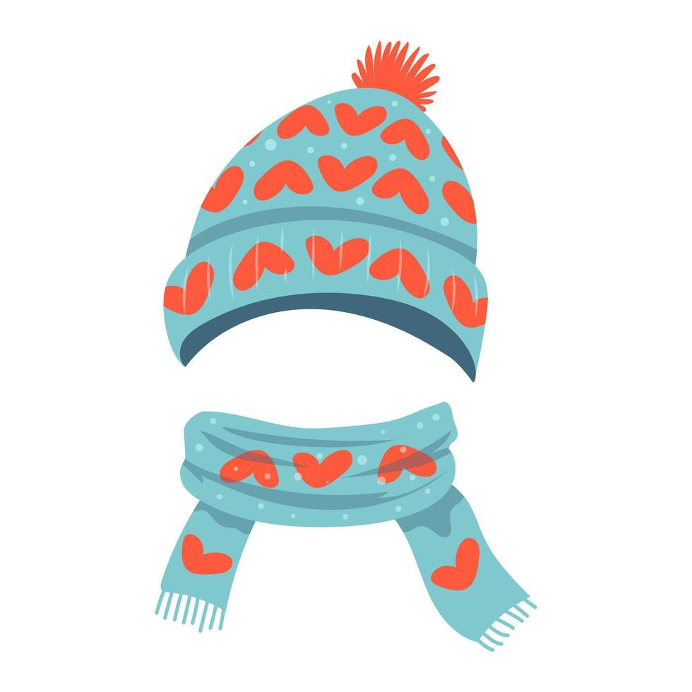 Children knit hat and scarf in flat design. Blue beanie with red hearts print. illustration isolated. vector