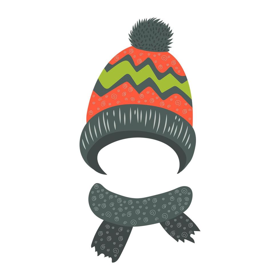 Children knit hat in flat design. Ornate beanie with pom-pom and scarf. illustration isolated. vector