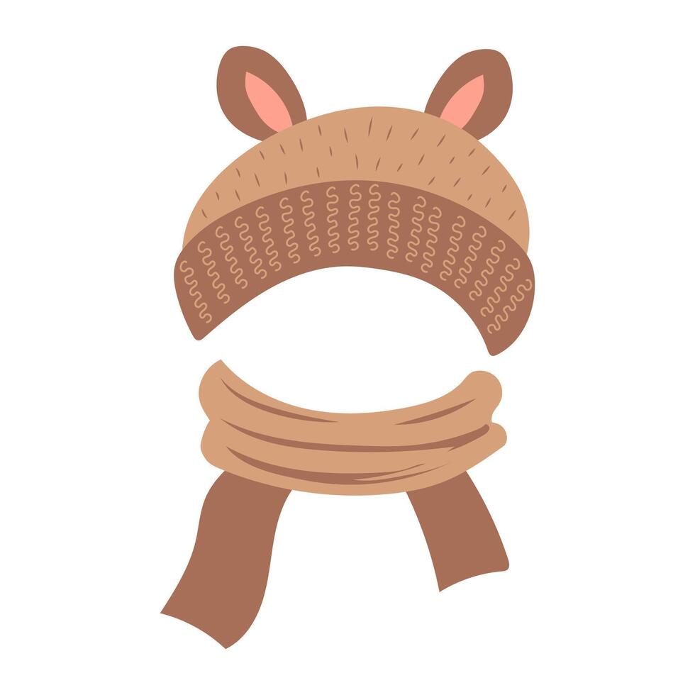 Cute children knit hat in flat design. Brown beanie with ears and scarf. illustration isolated. vector