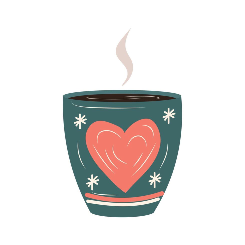 Christmas cacao in cute cup in flat design. Hot drink in mug with heart print. illustration isolated. vector