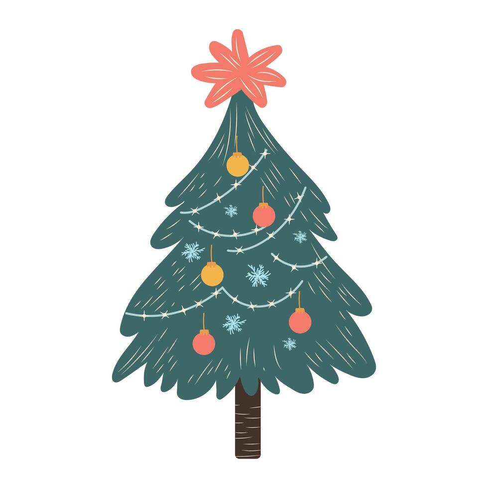 Christmas tree in flat design. Holiday evergreen tree with balls and garland. illustration isolated. vector