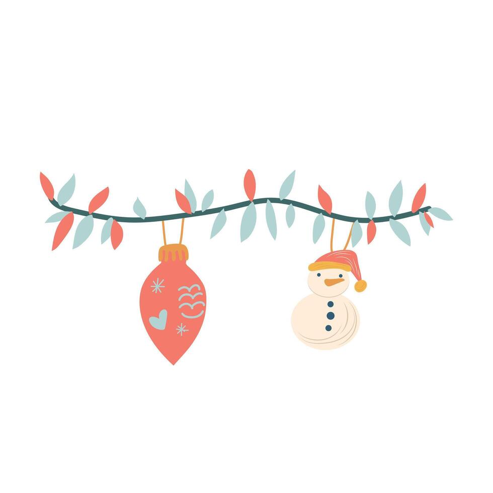 Christmas garland with toys in flat design. Holiday lights with hanging decor. illustration isolated. vector