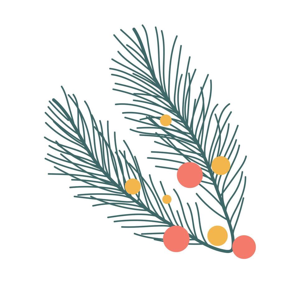Christmas pine twig with balls in flat design. Evergreen fir branch with decor. illustration isolated. vector