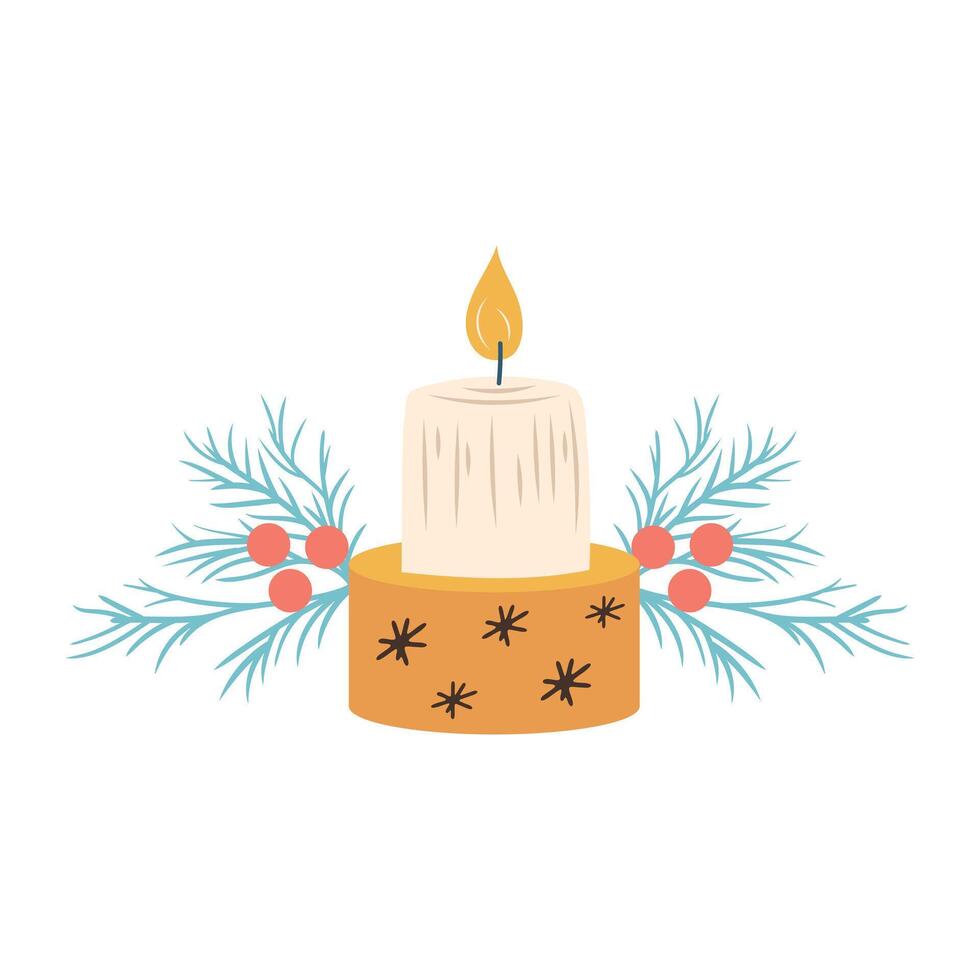 Christmas candle in flat design. Holiday light with pine twigs and red berries. illustration isolated. vector