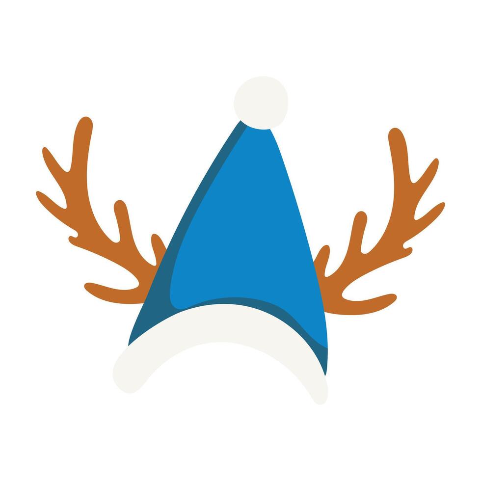 Christmas hat with reindeer antlers in flat design. Blue hat with horns. illustration isolated. vector