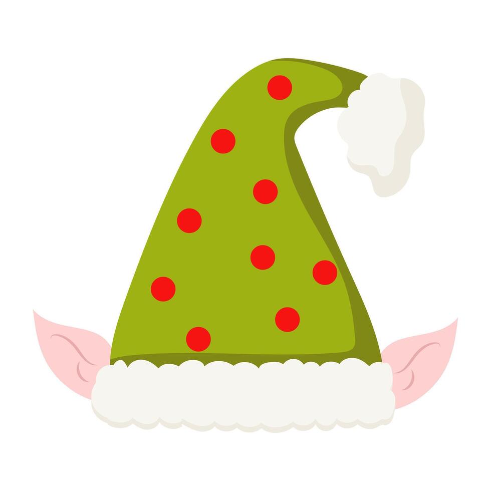 Christmas elf hat in flat design. Green cap with red dots and big ears. illustration isolated. vector