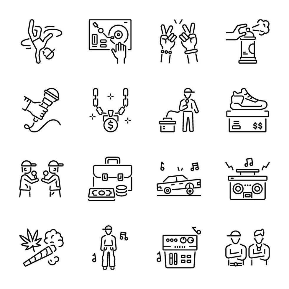 Set of 16 Hip Hop Linear Icons vector