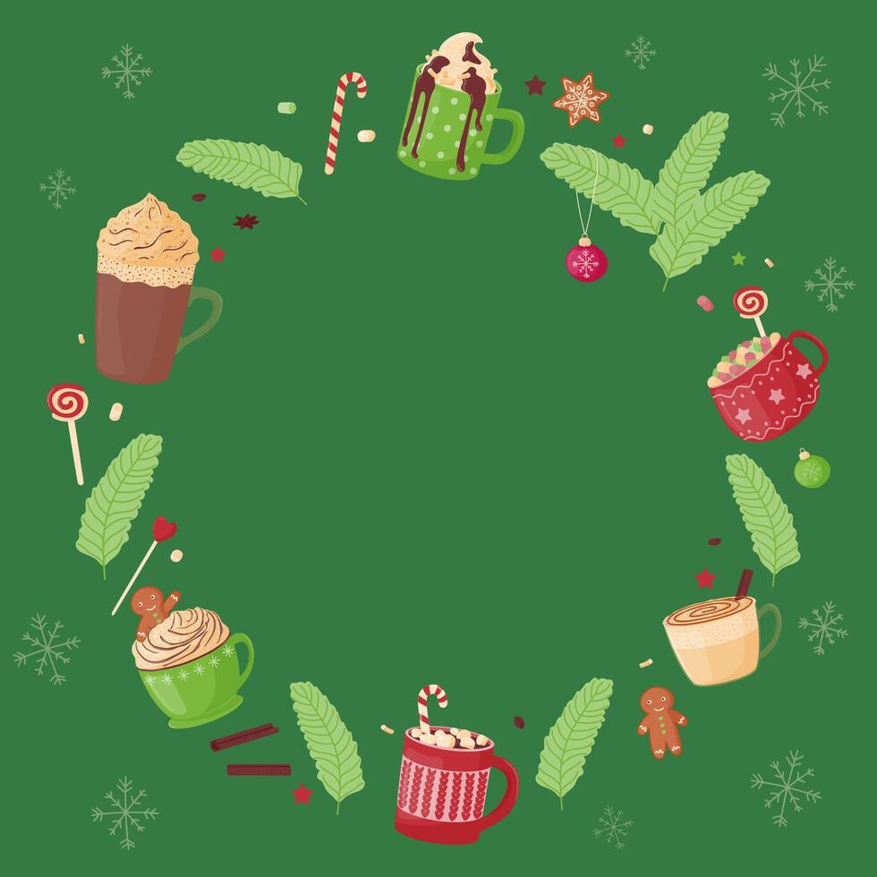 Festive frame of cute mugs with hot cocoa, coffee, chocolate, whipped cream, marshmallows and sweets. vector
