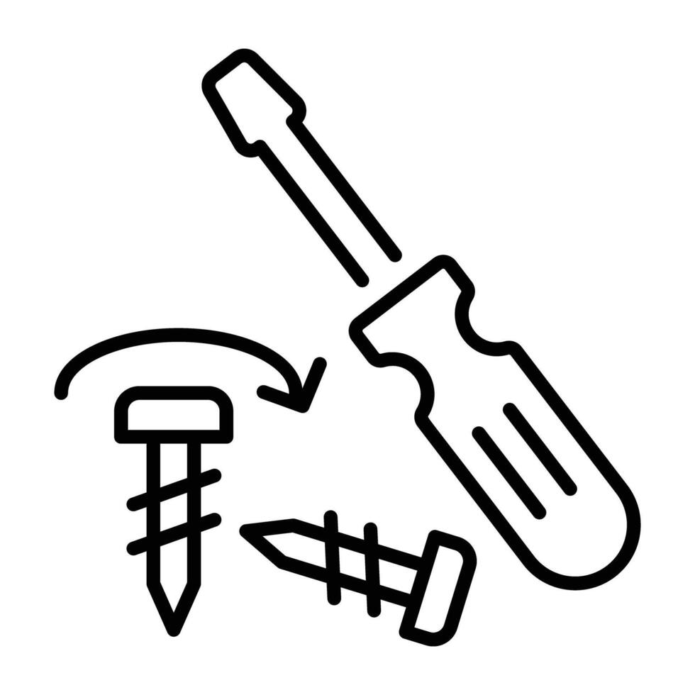 An outline style icon of a screwdriver and screws vector