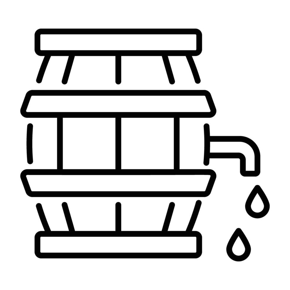 A linear icon of a wooden barrel with a spigot and liquid dripping vector