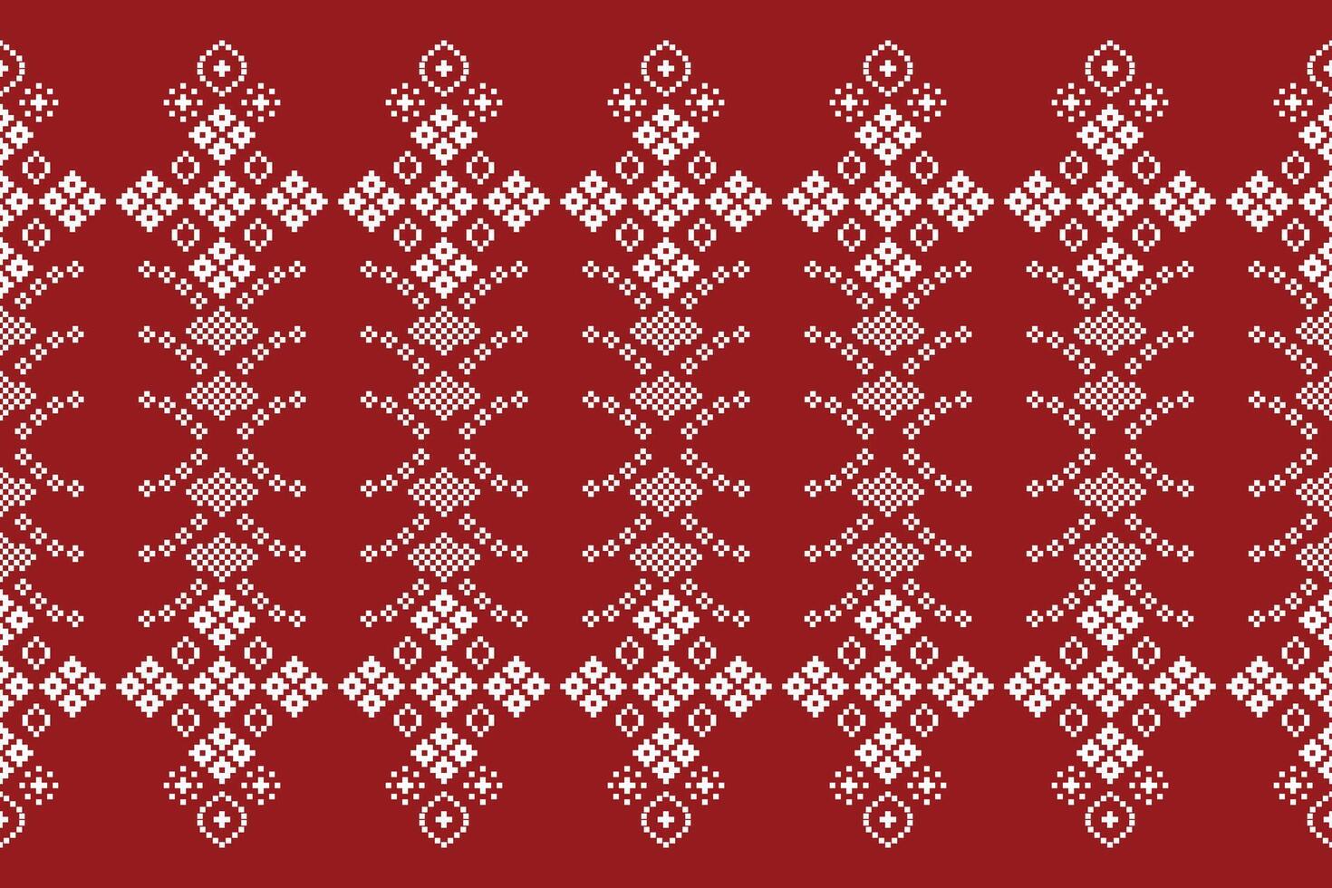 Motif pattern cross stitch fabric with red color background design pixel art. vector