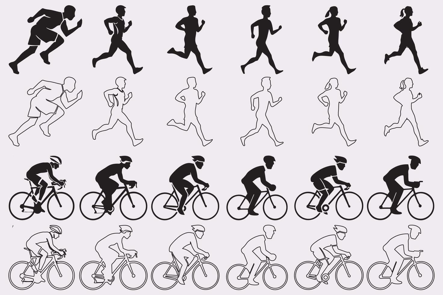Race and cycling icon set with outline. Running, athletic logo design, group of running people. vector