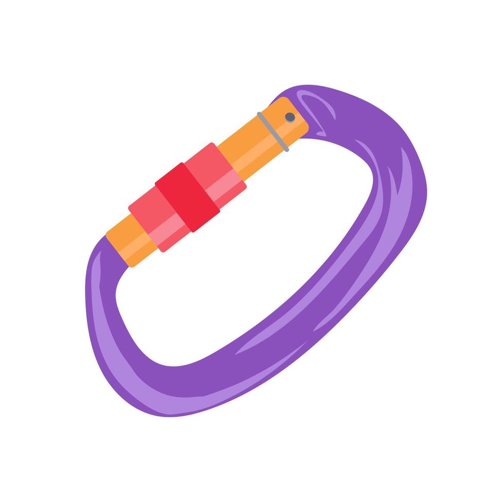 Climbing purple carabiner in flat design. Alpinism controller gear for rope. illustration isolated. vector