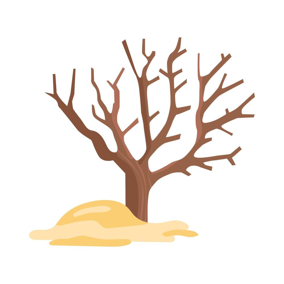 Dry tree in desert in flat design. Dead plant trunk by hot sand hill. illustration isolated. vector