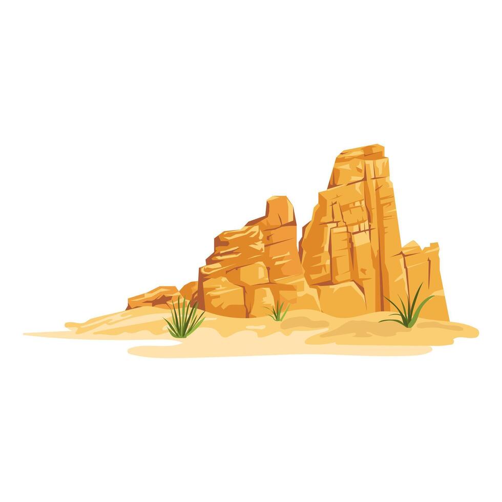 Desert rocks in flat design. Wilderness scenery with hot sand, stones and grass. illustration isolated. vector