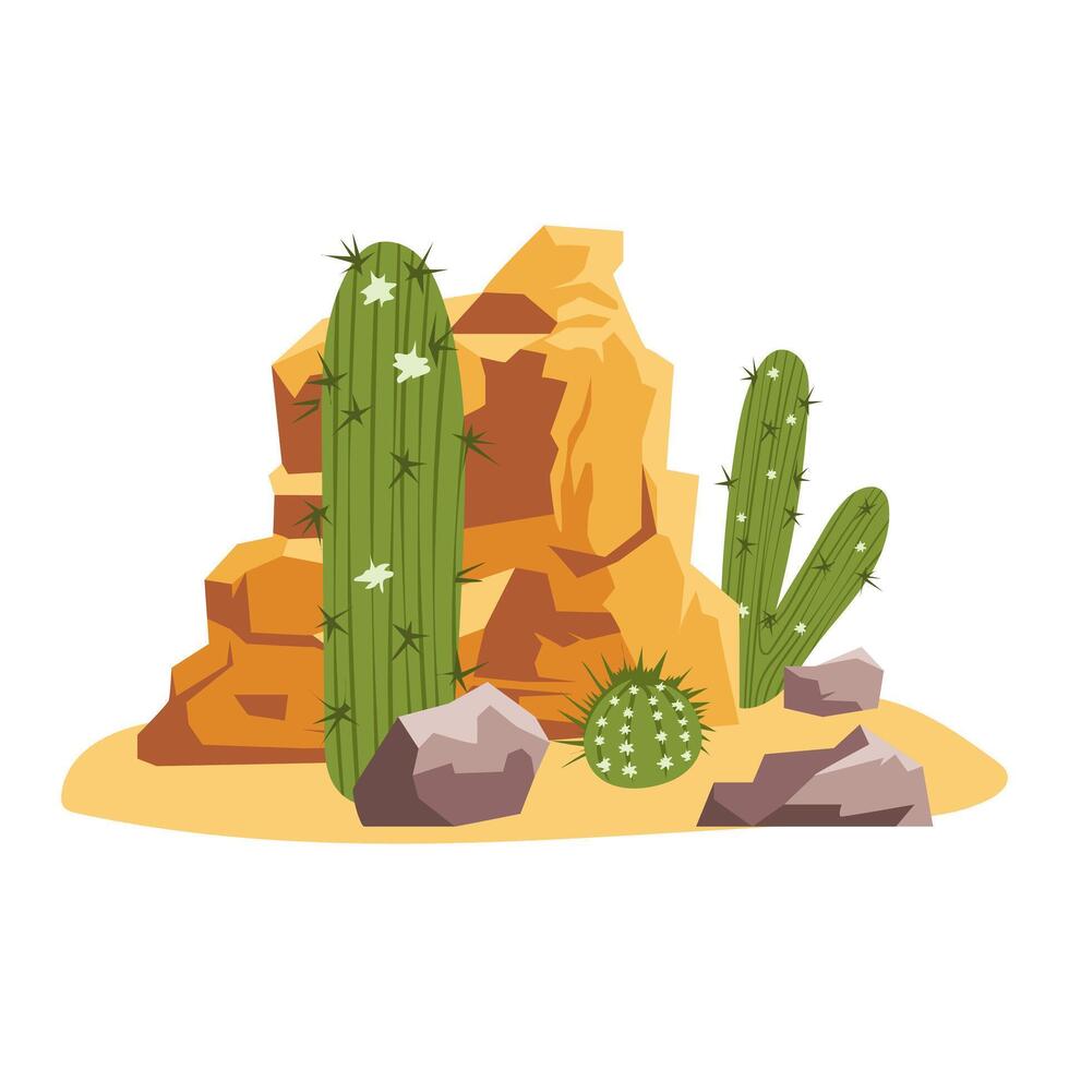 Desert landscape in flat design. Green cactuses and grass by rocks and stones. illustration isolated. vector