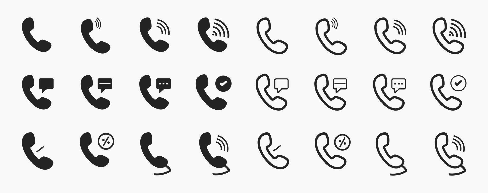 Mobile phone icon pack. Containing mobile, calling, contact, message, call, cellular and more. Collection of telephone solid icons and Phone call icon. illustration vector