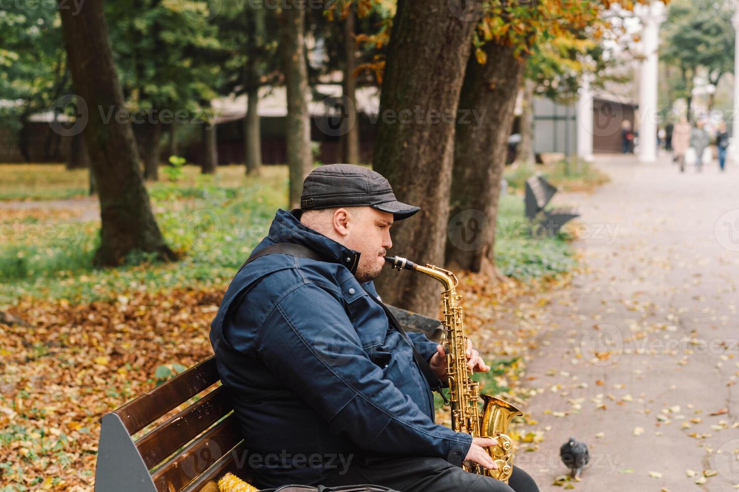 A saxophonist performs in a serene park during autumn while seated on a bench photo