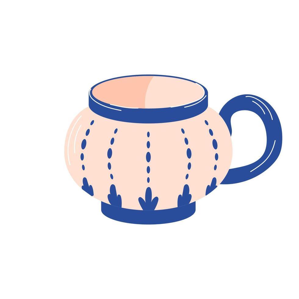 Mug with abstract design in flat style. Ceramic tableware with blue shapes. Hand drawn illustration isolated on a white background. vector