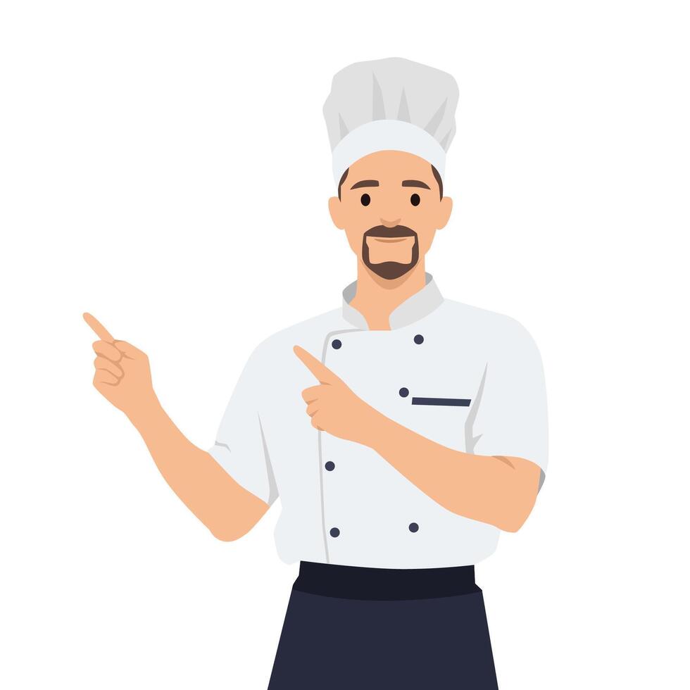 Young man chef in uniform and hat standing and inviting guests to restaurant. vector