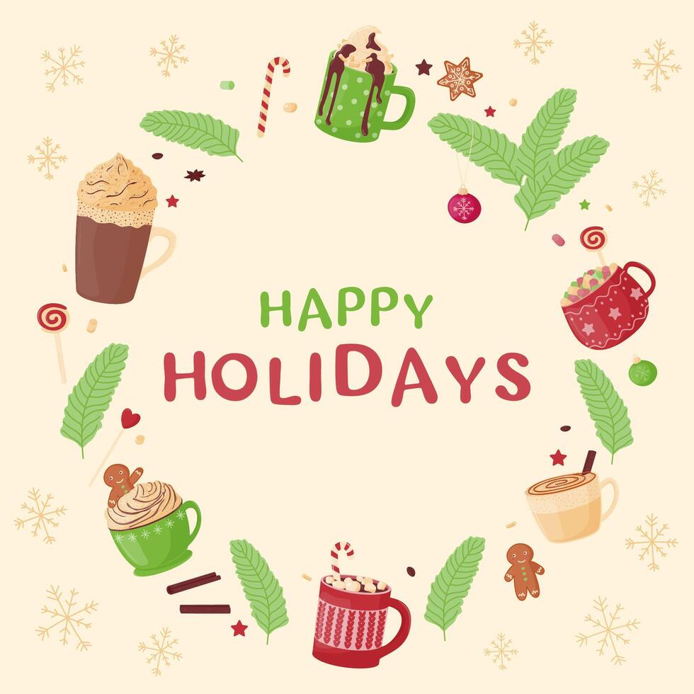 Festive frame of cute mugs with hot cocoa, coffee, chocolate, whipped cream, marshmallows and sweets. Happy holidays. vector