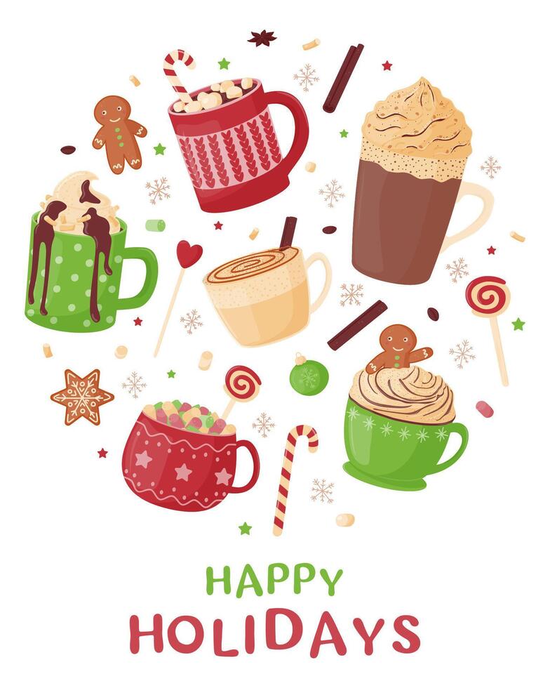 Christmas set of hot drinks. Festive cute mugs with hot cocoa, coffee, chocolate, whipped cream, marshmallows and sweets. vector