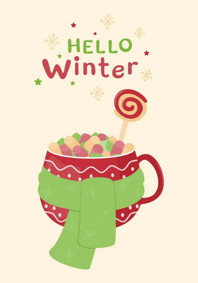 Greeting card with cocoa with marshmallows and candy in a red cup tied with a warm scarf. vector