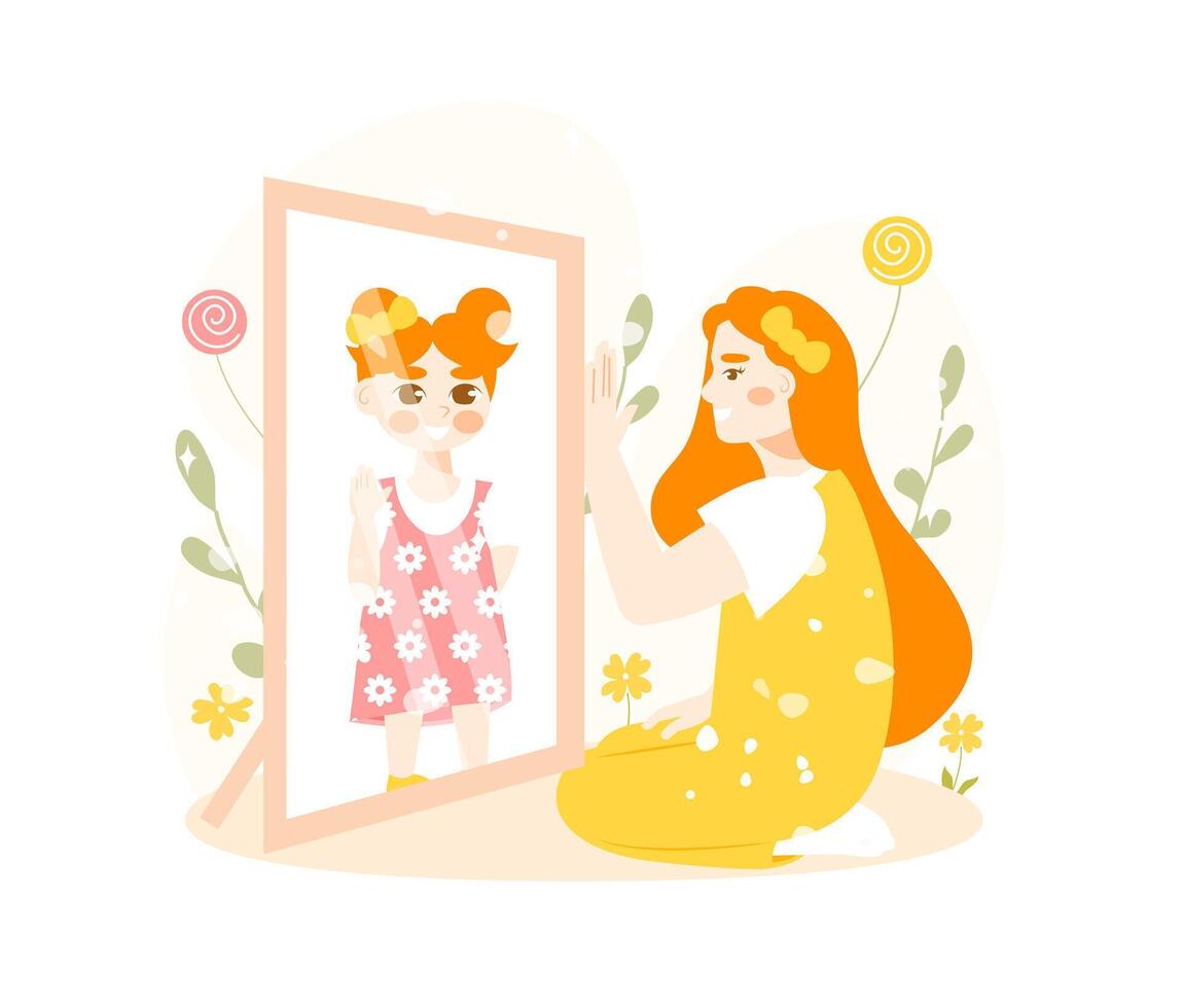 Inner child concept - woman sitting near a mirror and seeing a reflection of herself as a little girl. Hand drawn flat cartoon style illustration isolated on white background vector