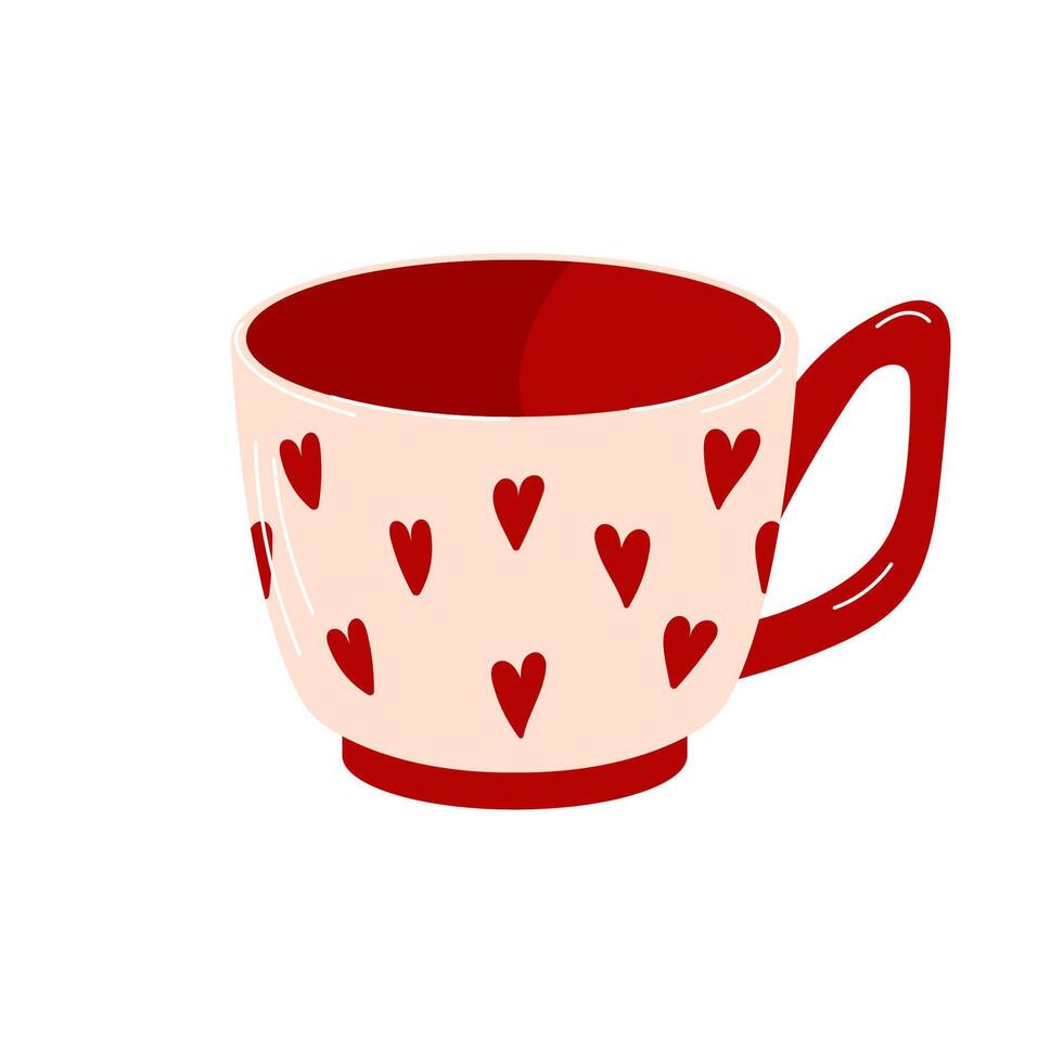 Tea or coffee cup with heart for Valentines day in flat style. Ceramic crockery with trendy ornament for enchanting romantic themes isolated on a white background. vector