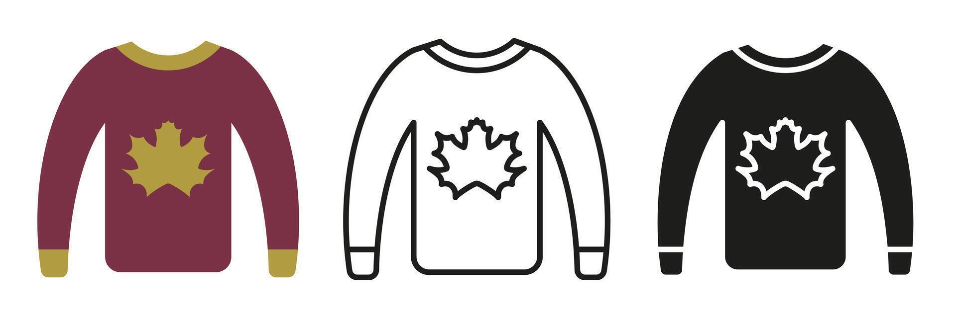 Autumn sweater with a maple leaf. Cozy pullover, knitwear. Warm clothes in different styles. vector