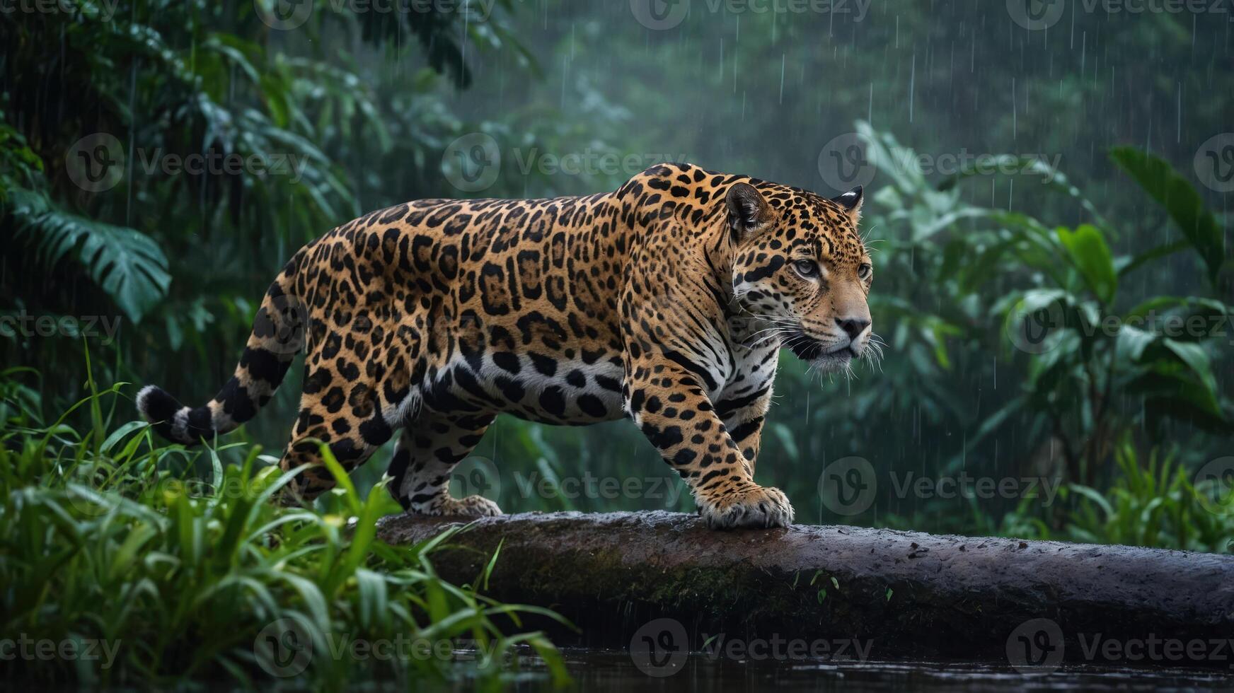 A jaguar prowls through a lush rainforest, showcasing its striking coat in a rainy environment. photo