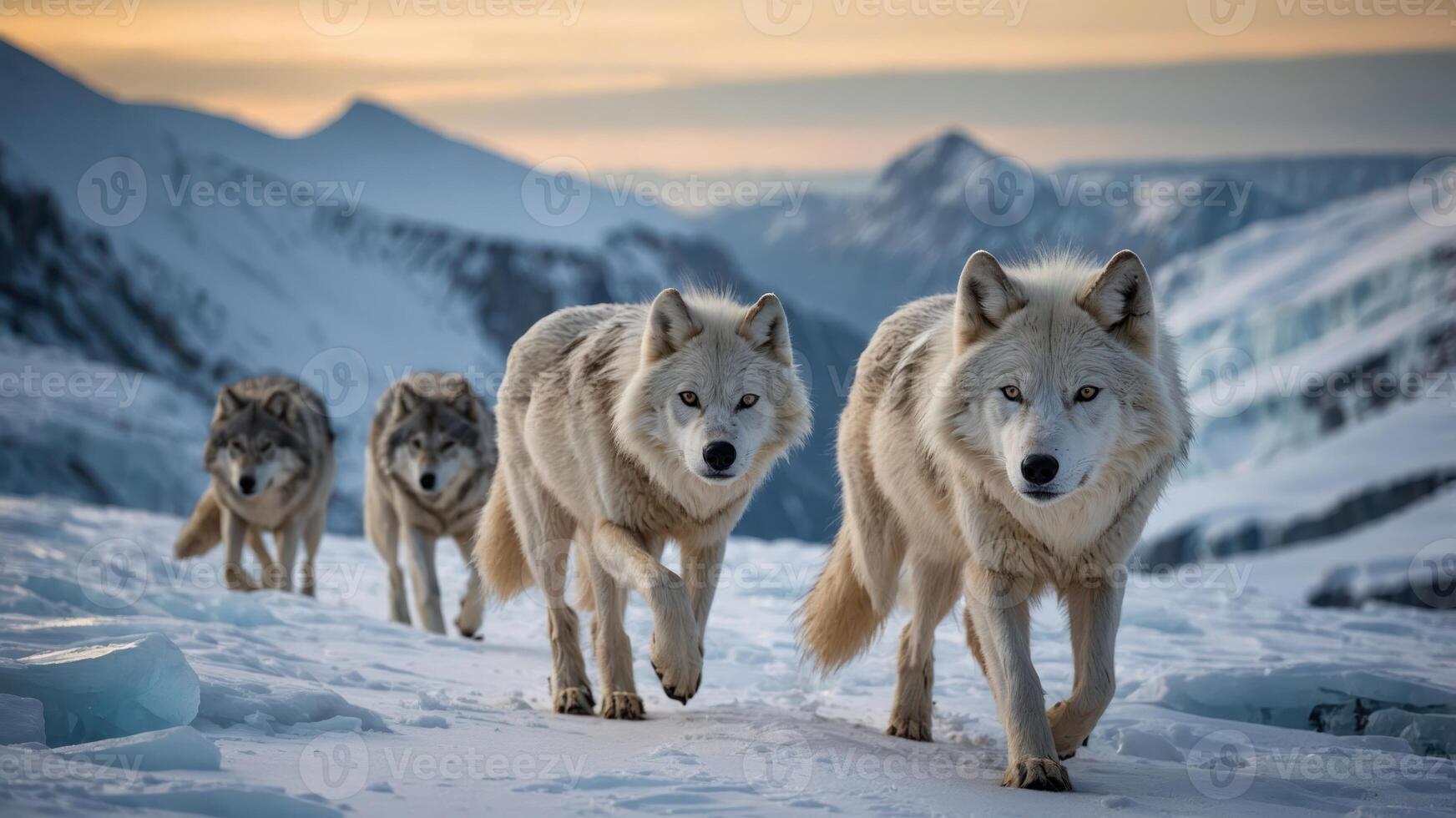 A pack of white wolves traversing a snowy landscape at sunset. photo