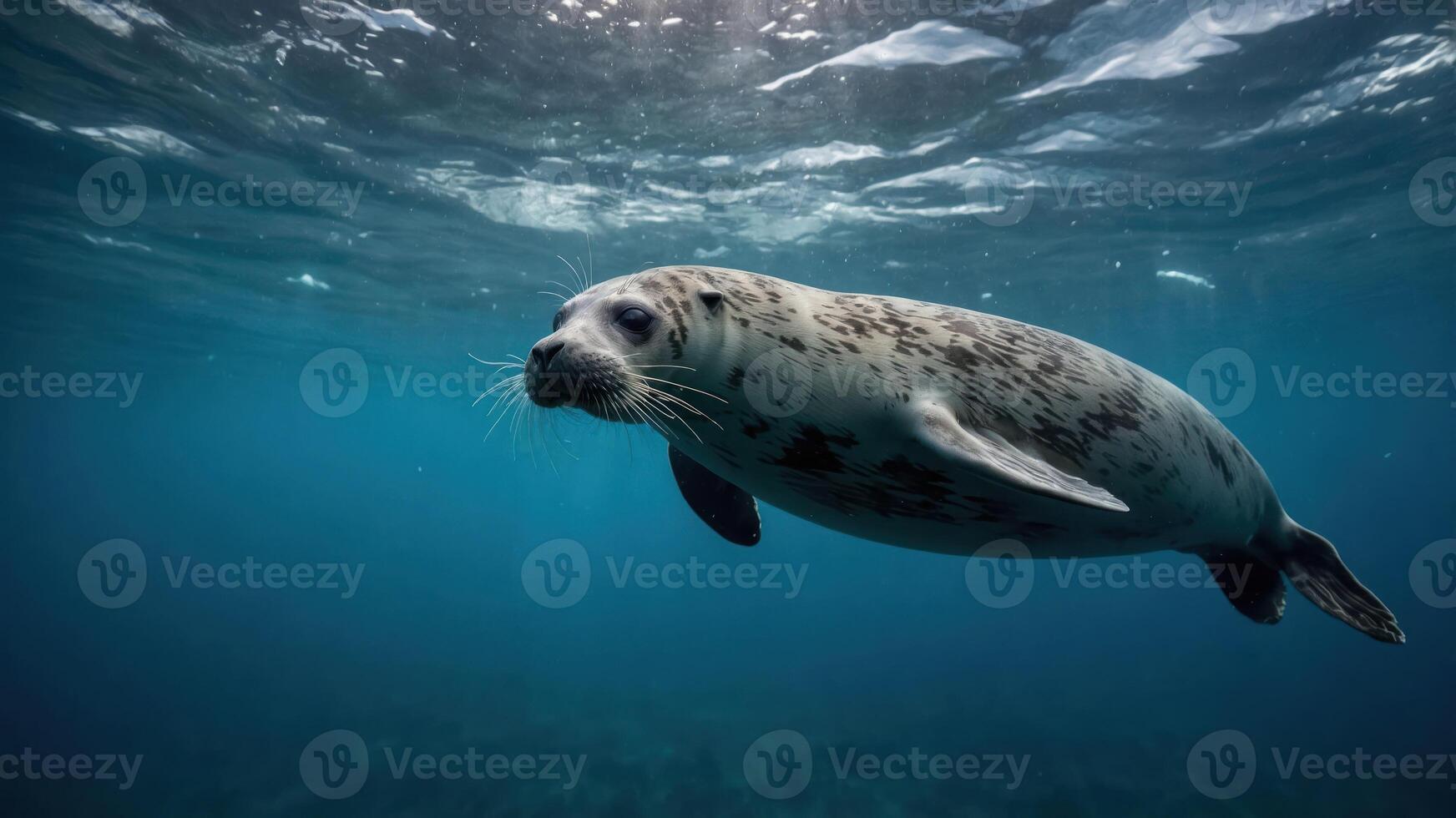 A seal swimming gracefully underwater in a serene ocean environment. photo