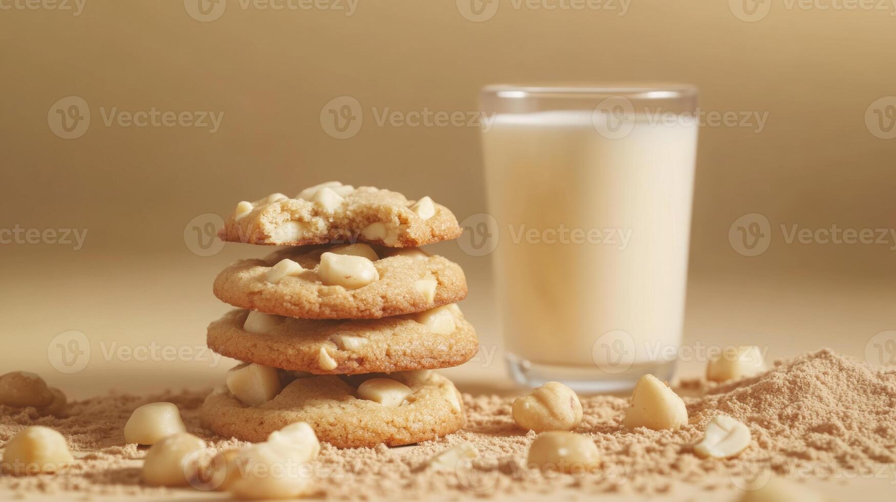 A tower of four freshly baked cookies sits next to a tall glass of milk. Crumbled cookie pieces surround the setup, creating a cozy, inviting atmosphere perfect for snack time. photo