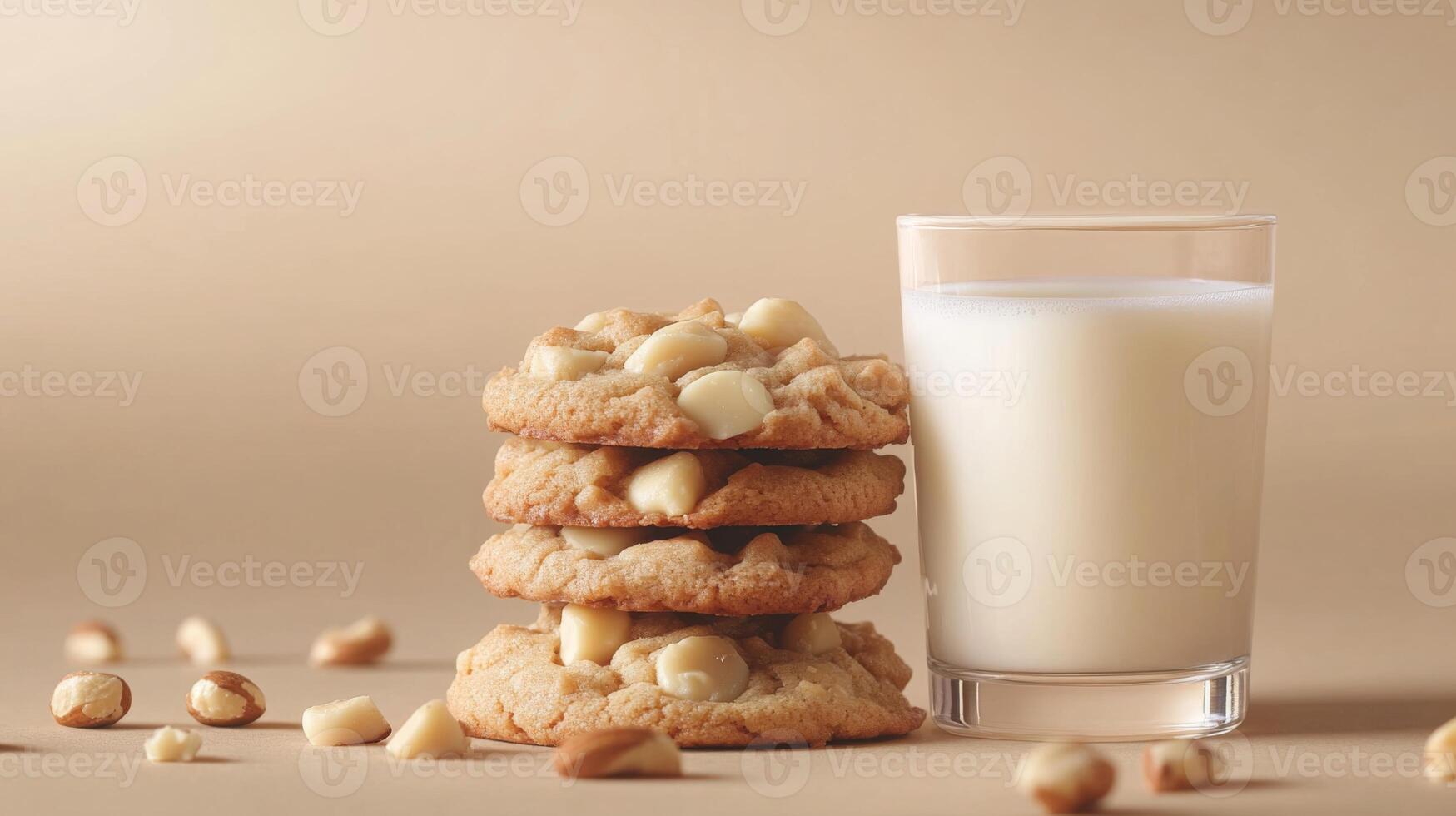A stack of freshly baked macadamia nut cookies sits beside a transparent glass of milk. The soft cookies are garnished with whole nuts, creating an inviting and delicious dessert display. photo
