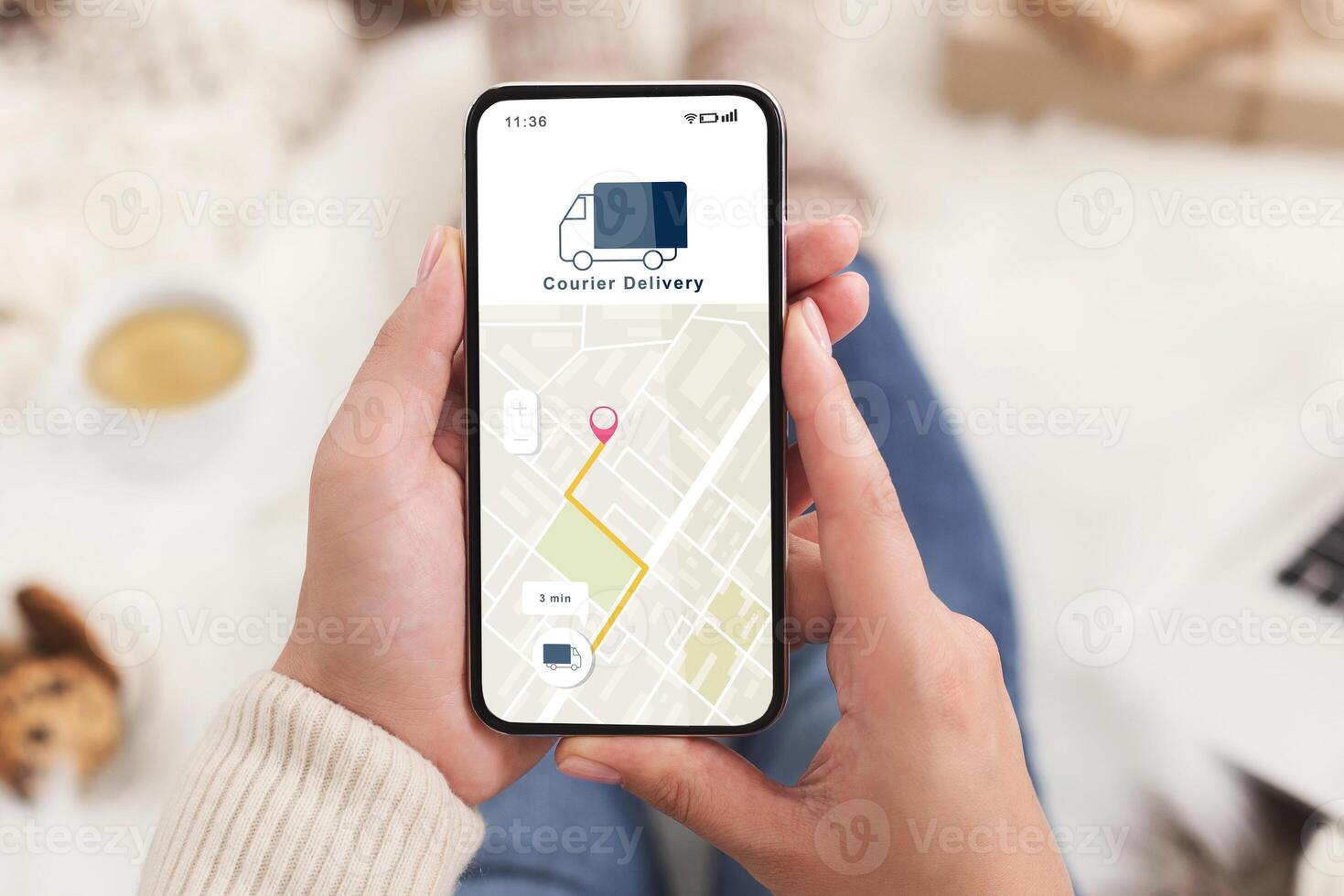 Modern courier delivery at home, shopogolic and online shopping. Hands of lady holding smartphone with mobile app and map to track the order on digital screen on blurred background, collage, cropped photo