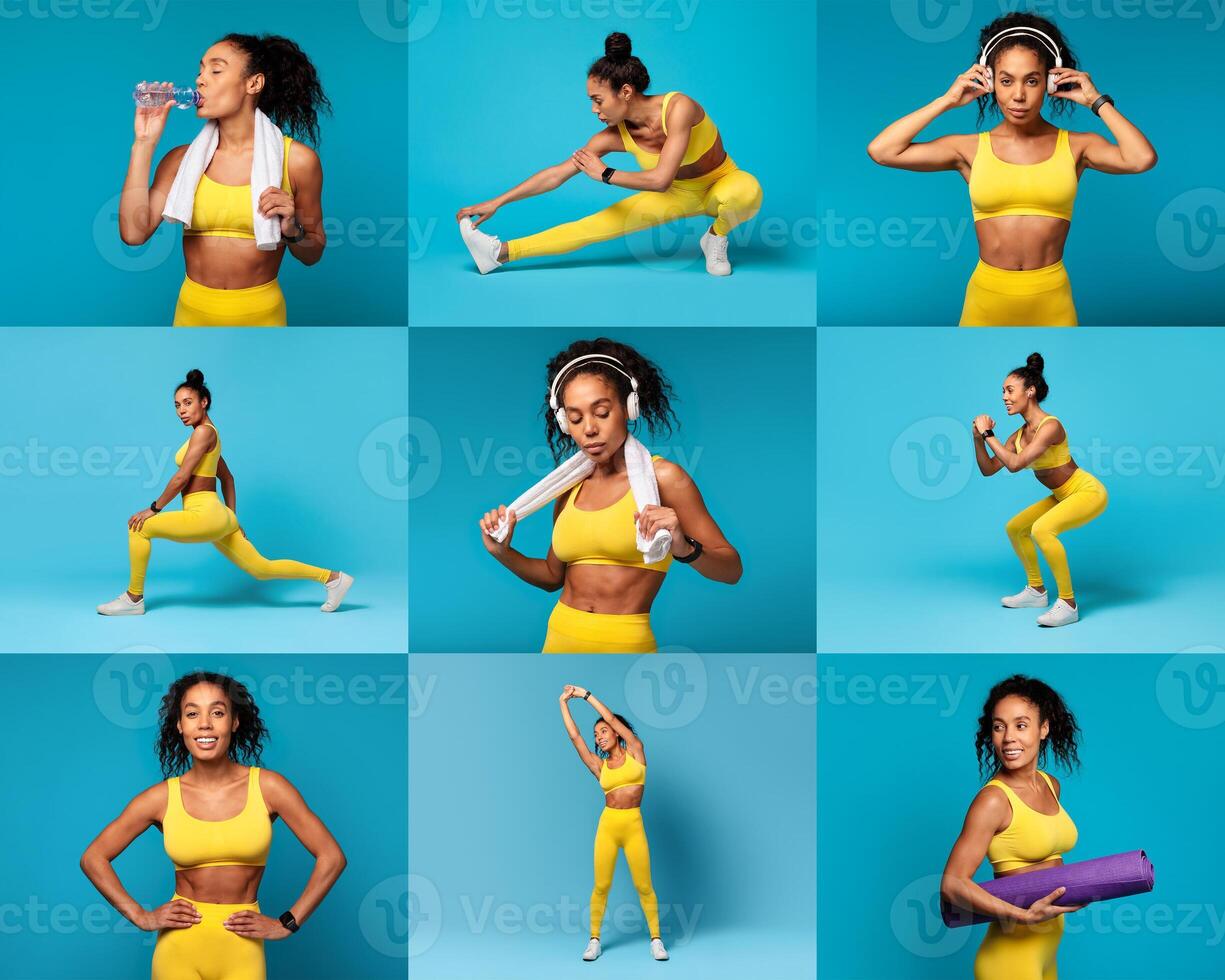 African American woman in activewear performs multiple fitness activities, including stretching, lunges, and squats, showcasing her workout routine in a vibrant and energetic environment. photo
