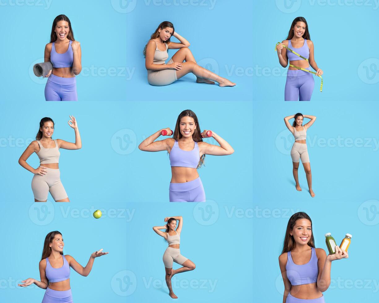 A young woman dressed in colorful activewear demonstrates different fitness activities photo