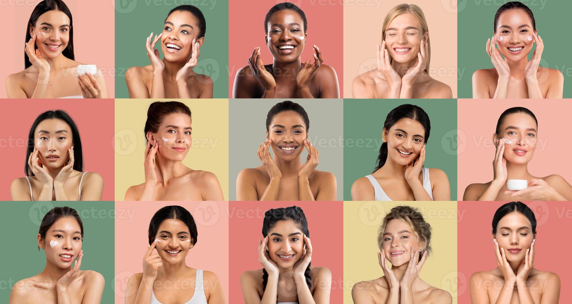 A vibrant collage showcases women of various backgrounds applying skincare products with joy, highlighting their beauty and unique routines in a colorful studio environment. photo