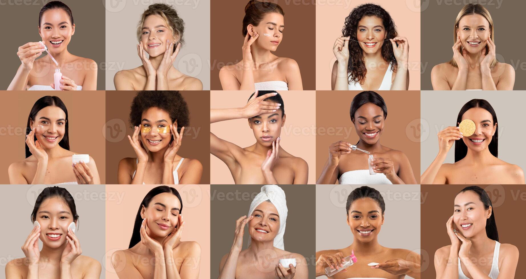 A diverse group of women showcases their skincare routines, engaging in different activities like applying products, smiling, and enjoying self-care moments under even lighting. photo