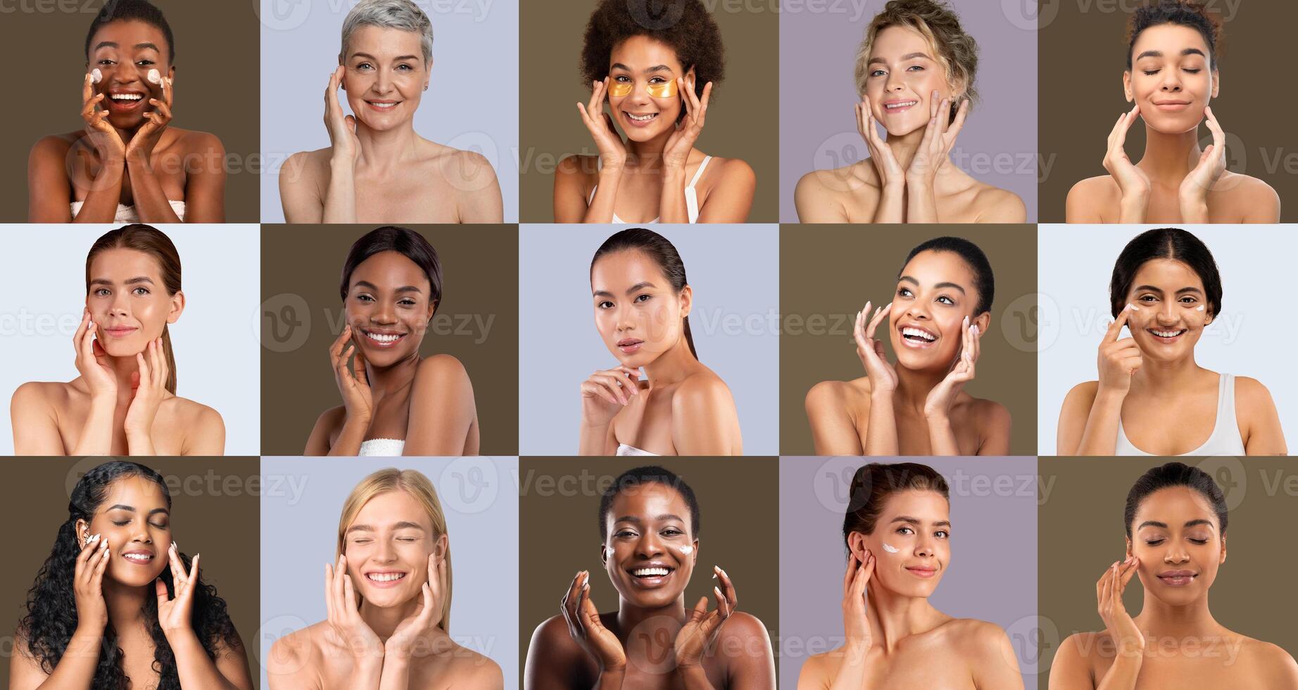 A vibrant assembly of women from various backgrounds demonstrate their skincare routines, each expressing joy and confidence while caring for their skin in a harmonious setting. photo