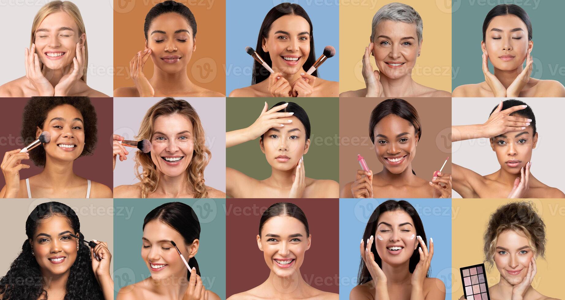 A vibrant collage features women of various backgrounds applying makeup and smiling. Each person demonstrates a unique technique, highlighting beauty diversity and creativity in a joyful manner. photo