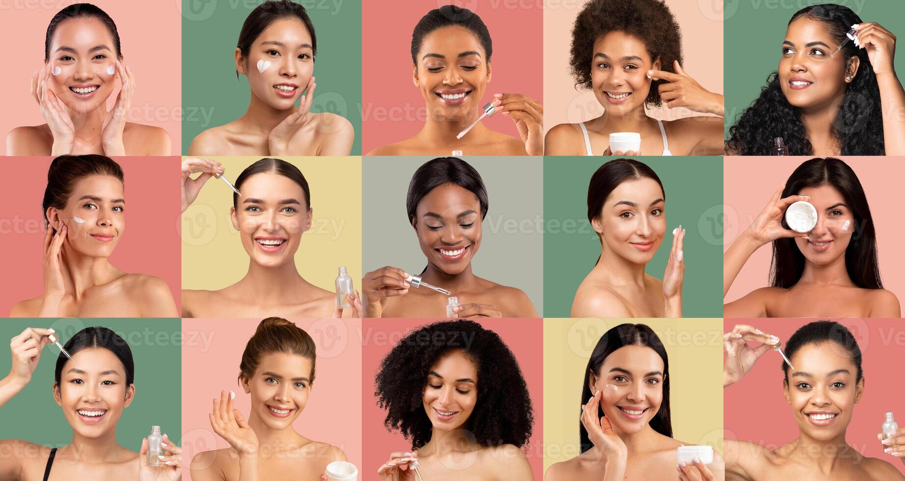 A collection of women with various skin tones demonstrates their skincare routines using different products in a colorful setup. Each woman displays unique expressions and techniques for glowing skin. photo