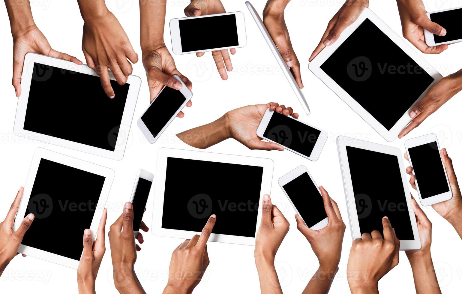 Set of black male hands touching smartphone and tablet display and pointing with index finger on blank screen, white isolated background. Communication concept photo